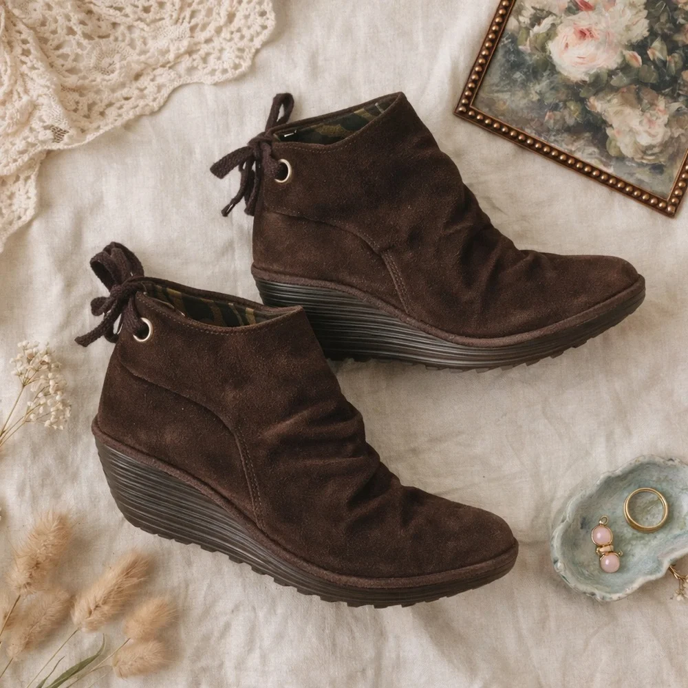 Fly London Brown Suede Wedge Ankle Boots Lace Up Boho EU 39